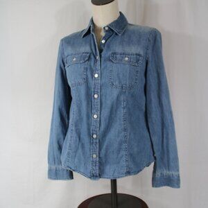 Talbots Denim Button Up Long Sleeve Shirt Size 6p Blue Pockets Collared